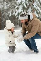 ai generado papá y hijo disfrutar un Nevado día, juguetón bola de nieve peleas foto