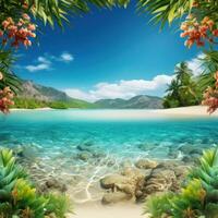 AI generated A vivid travel vacation background with lush greenery, crystal-clear waters photo