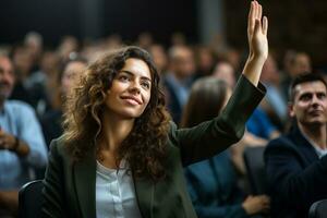 AI generated young businesswoman raises hand during audience question day photo