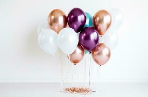 AI generated white background with pink, silver and blue balloons photo