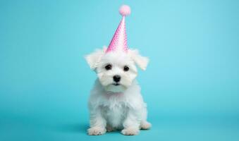 ai generado blanco perro en rosado fiesta sombrero en azul antecedentes foto