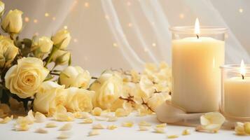 AI generated Wedding background, candles, delicate decor, and space for love-filled declarations photo