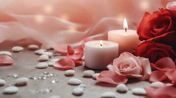 AI generated Wedding background, candles, delicate decor, and space for love-filled declarations photo