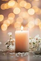 AI generated Wedding background, candles, delicate decor, and space for love-filled declarations photo