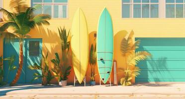 AI generated yellow surf boards lean against the side of a house photo