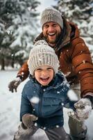 ai generado papá y hijo compartir risitas, bola de nieve lanzamientos, y Nevado aventuras foto