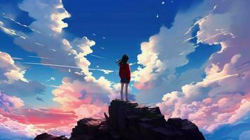 AI generated Animated virtual Girl looking out into the clouds. Anime style. AI Generative video