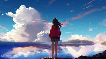 AI generated Animated virtual Girl looking out into the clouds. Anime style. AI Generative video