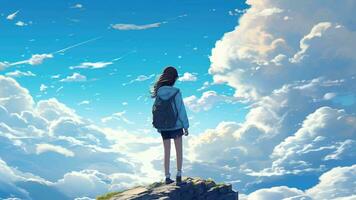 AI generated Animated virtual Girl looking out into the clouds. Anime style. AI Generative video