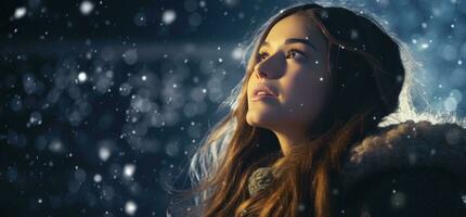 ai generado un hermosa niña mirando arriba a el que cae estrellas con nieve copos de nieve en contra foto