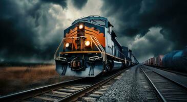 AI generated a blue and black train is on the tracks with a stormy sky photo