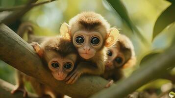 AI generated A pair of adorable baby monkeys cling to their mother's back as they swing through the trees photo