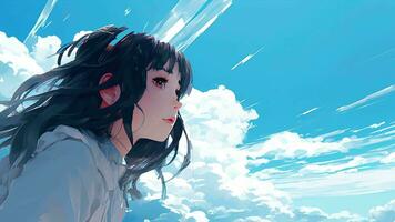 AI generated Animated virtual Girl looking out into the clouds. Anime style. AI Generative video