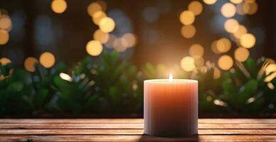 AI generated a candle hanging on a wooden table with greenery next to it photo