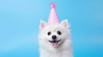 ai generado blanco perro en rosado fiesta sombrero en azul antecedentes foto