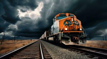 ai generado un carga tren de viaje abajo un ferrocarril pista con oscuro nubes detrás eso foto