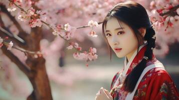 AI generated a chinese girl in front of thousands of cherry blossoms photo