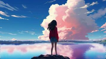 AI generated Animated virtual Girl looking out into the clouds. Anime style. AI Generative video