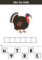 Spelling game for preschool kids. Cute cartoon turkey. vector