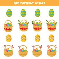 Find different Easter basket and Easter egg in each row. Logical game for preschool kids. vector