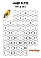 Get cute goldfinch to tree branch by counting to 16. vector