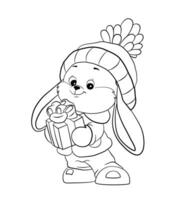 Coloring page of a bunny in winter clothes and a gift vector