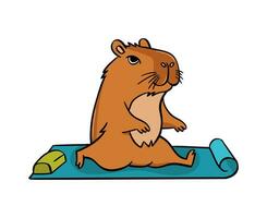 A cute capybara does yoga on a mat. Vector illustration flat style