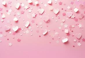 AI generated heart pink stars confetti on an iridescent pink background photo