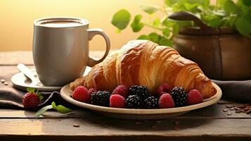 AI generated A delectable breakfast tableau featuring croissants, berries, and steaming coffee photo