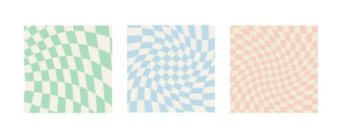 Set of twisted checkerboard backgrounds in pale pastel colors. Groovy hippie chessboard pattern. Retro wavy 60s 70s abstract psychedelic design. Gingham vector wallpaper collection for print.