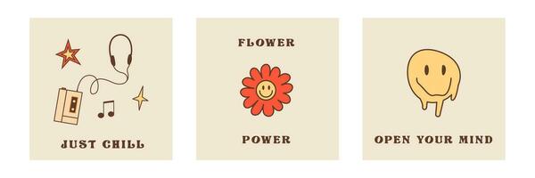 Set of retro square posters with phrases in 80 60s 70ss style. Hippie culture card. Vintage cassette recorder with note sign. Daisy flower with smile and melting smiling face. Vector flat illustration