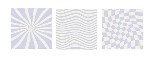 Set of checkerboard, wavy and sun rays backgrounds in pale pastel violet color. Groovy hippie chessboard pattern. Retro 60s 70s psychedelic wavy design. Gingham vector wallpaper collection templates.