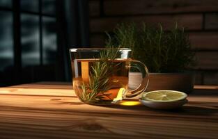 AI generated rosemary tea and lemon on the wooden table photo