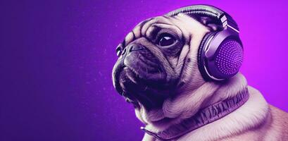 AI generated pug with headphones listening to music on purple background photo