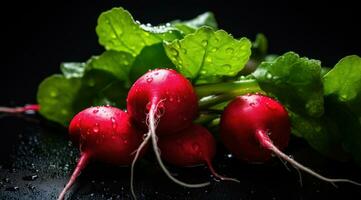 AI generated radishes on a black background with water drops photo