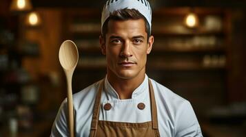 AI generated A close-up shot of a handsome chef holding a whisk with a serious look on his face photo