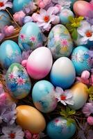 AI generated Easter background with lively colors, decorated eggs, and room for festive greetings photo