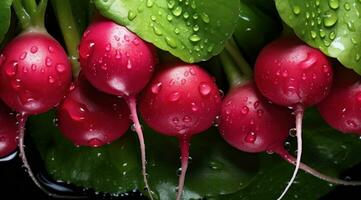 ai generado rábanos en un negro antecedentes con agua gotas foto