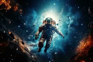 AI generated Astronaut in vivid cosmic background, floating among stars photo