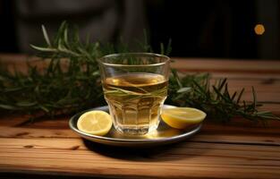 AI generated rosemary tea and lemon on the wooden table photo