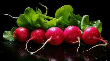 AI generated radishes on a black background with water drops photo