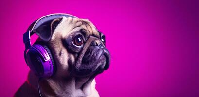 AI generated pug with headphones listening to music on purple background photo