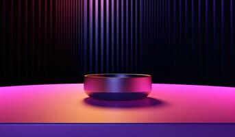 AI generated round circular neon globe and white base on a dark background neon photo