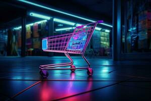 AI generated shopping cart at night on a dark neon floor photo