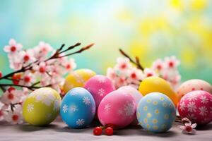 AI generated Easter background with lively colors, decorated eggs, and room for festive greetings photo