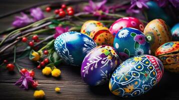 AI generated Easter background with lively colors, decorated eggs, and room for festive greetings photo