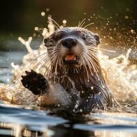 ai generado un curioso y juguetón nutria salpicaduras mediante el agua foto