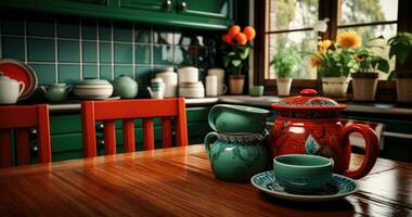 ai generado un cocina mesa y cajones lleno de rojo y verde platos foto