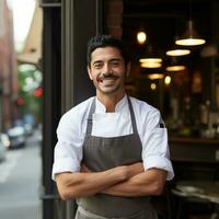 AI generated chef standing proudly in front of a restaurant, wearing his chef's jacket and a big smile photo