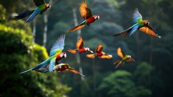 ai generado un rebaño de loros en vuelo, su vibrante plumaje contrastando en contra el lozano verde follaje foto